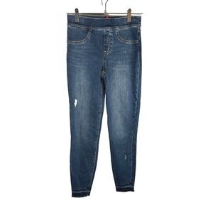 SPANX Size S Distressed Ankle Skinny Jeans Medium Wash Blue Pull On Released Hem